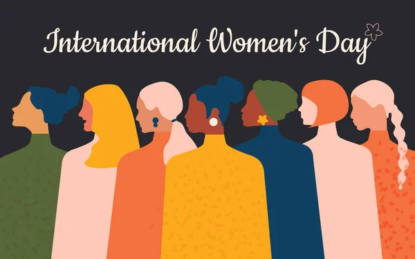 Postal Para Día Internacional Mujer Que Mujeres Diferentes Nacionalidades Unen — Vector de stock
