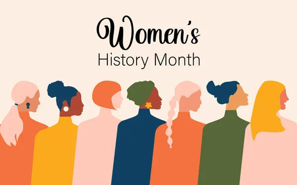 Miesiąc Historii Kobiet Kobiety Różnym Wieku Narodowości Wyznaniach Spotykają Się — Wektor stockowy