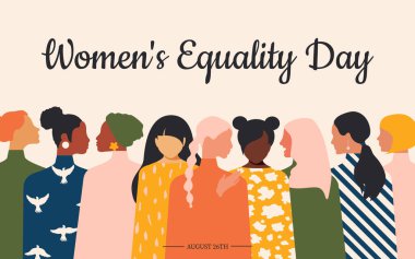 Kadın Eşitliği Günü. Farklı yaş, ulus ve dinlerden kadınlar açık pembe bir posterde bir araya geliyorlar. Vektör.