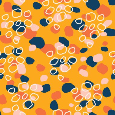 Farklı renkli soyut kabarcıklar ve damlalar kumaş üzerine baskı yapmak için açık pembe arkaplanı olan kaotik ve pürüzsüz bir model oluştururlar. Vektör.