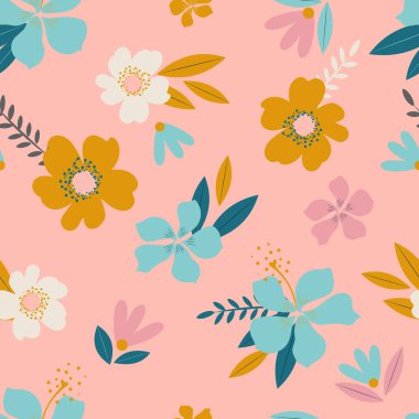 Yaban gülü ve yaprakları elle çizilmiş amber çiçeği. Modern kumaşlar ve tekstil ürünleri için çiçekli, pembe, pürüzsüz bir desen. Vektör.