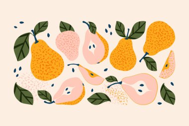 Açık pembe zemin üzerinde yaprakları olan sarı olgun armut bileşimi. Dekoratif yastıklar için tatlı meyve baskısı, iç tasarım. Vektör.