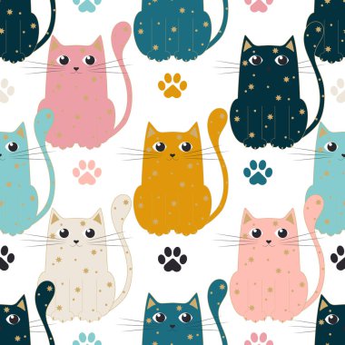 Büyük gözlü kaprisli parlak kediler modern kumaşlar ve tatil ambalaj kağıtları için hoş, pürüzsüz bir desen oluşturuyor. Vektör.