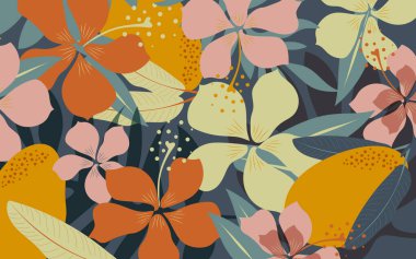 Hibiscus ve mango, tropikal ve soyut bir yaz çiçekli meyve posteri oluştururlar. Vektör.