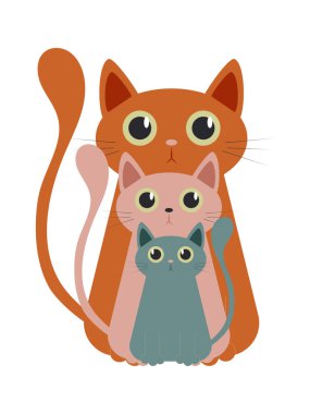 Kırmızı, pembe ve mavi renkli büyük gözleri olan üç sevimli kedi Dünya Kedi Günü kartları için beyaz bir arka planda izole edilmiş.. 