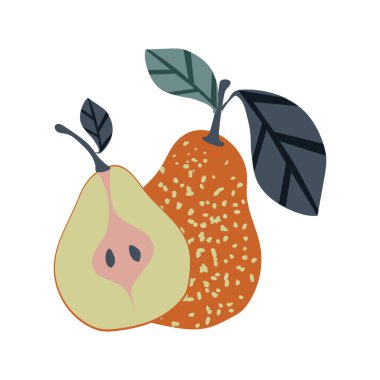 Beyaz arka planda yaprak izole edilmiş şirin bir armut. Meyve hala hayat..