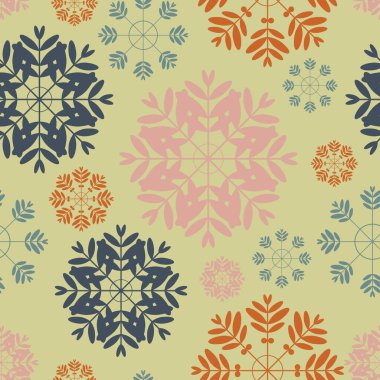 Farklı renkte kar taneleri kumaşlar için kışın pürüzsüz bir desen oluşturur. Vektör.