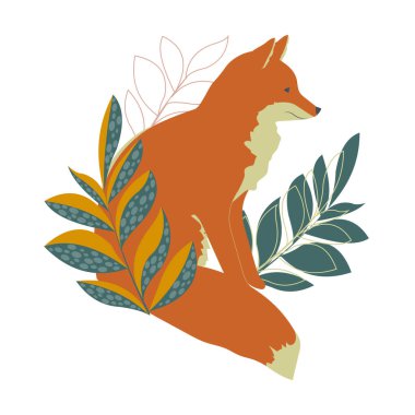 Kızıl tilki yapraklarla fantezi dallarında oturur. İzole edilmiş beyaz arka planda vahşi bir yırtıcı hayvanın parmak izi. Vektör.