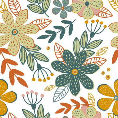 Fantezi çiçekleri, yapraklar ve dallar tekstil için modern bir botanik deseni oluşturur. Vektör.