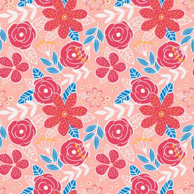 Fantezi gül çiçekleri, yapraklar ve dallar pembe arka planda tekstil için modern bir botanik deseni oluşturur.. 