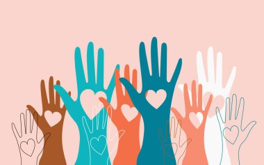 Gönüllüler, sosyal görevliler, erkekler ve kadınlar kalpleri avuçlarında tutarlar. Birliktelik, çok uluslu bir toplumun birleşmesi.