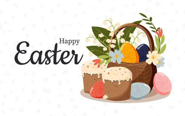 stock vector Happy Easter. Painted eggs in a basket and Easter cakes for the spring holiday. Vector.