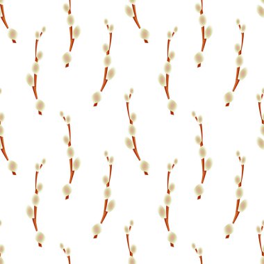 Beyaz arkaplanda söğüt dalları açmak tekstil ve ambalaj kağıdı için kusursuz bir desen oluşturur.