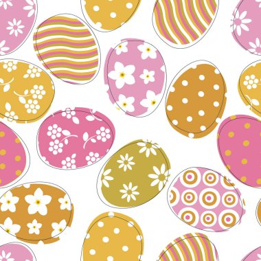 Beyaz arkaplandaki renkli Paskalya yumurtaları tekstil ve ambalaj kağıtları için kusursuz bir desen oluşturur. Vektör.