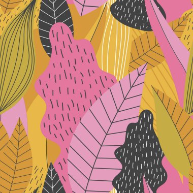 Fantezi renkli yapraklar tekstil ve ambalaj kağıtları için botanik ve kusursuz bir desen oluşturur.. 