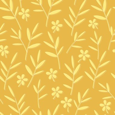 Dallarında söğüt yaprağı olan küçük çiçekler tekstil ve ambalaj kağıtları için çiçeksiz botanik desenler oluştururlar. Vektör.