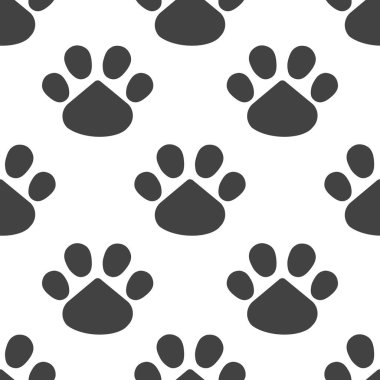 Beyaz arka planda siyah ayak izleri olan kedi ve köpeklerin patileri ya da ayak izleri moda kumaşları, ambalaj kağıtları, hayvan dekoratif yastıklar için kusursuz bir desen oluşturur.. 