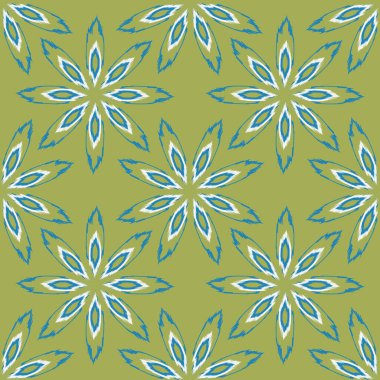 Yeşil arka planda mavi yapraklı fantezi çiçekleri dekoratif yastıklar ve ambalaj kağıtları için çağdaş bir çiçek deseni oluşturur. Vektör.