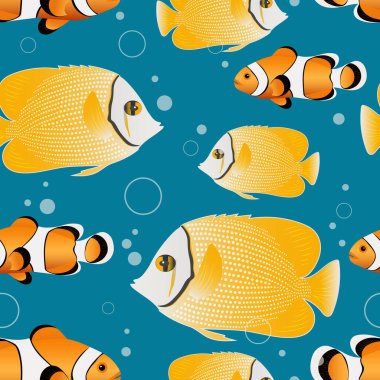 Clown fish and Yellow chaetodon butterflyfish. Marine life in the sea and ocean. Beautiful fish swim on a blue background creating a seamless pattern for fashion fabrics.  clipart