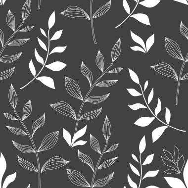 Yapraklı dallar beyaz bir hatla çizilir ve siyah bir arkaplanda kusursuz, modaya uygun bir kalıp oluşturulur..