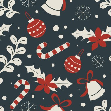 Topları, şekeri ve çiçekleri olan kusursuz bir yeni yıl şekli modern ambalaj kağıtları için kusursuz bir şenlik şekli oluşturur. Vektör.