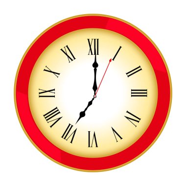 Yuvarlak kırmızı duvar saati ve Roma rakamları sabah 7 'yi gösteriyor.. 