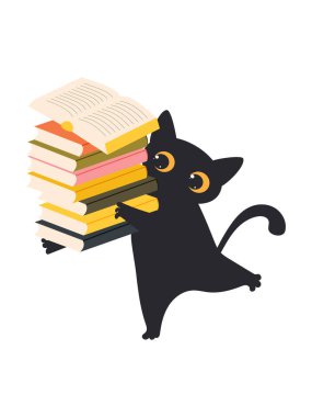 Pençelerinde bir yığın kitap tutan sevimli bir kedi. Vektör.