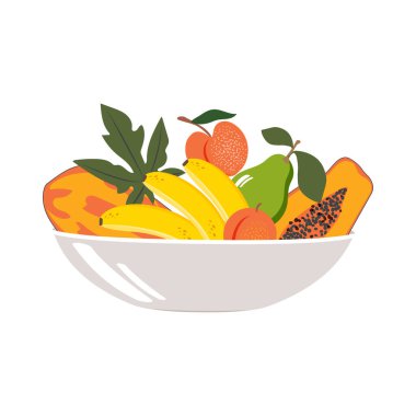 Beyaz arka planda izole edilmiş bir kasede tropikal meyveler. Vektör.