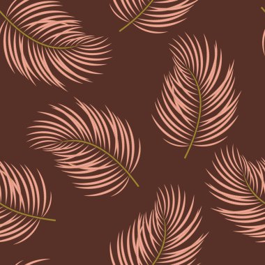 Kahverengi arkaplanda pembe dekoratif tropikal palmiye yaprakları var..