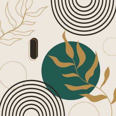 Modern kolaj altın yapraklar, yeşil daire ve siyah doğrusal daireler iç dekorasyon için açık gri bayrak üzerinde.