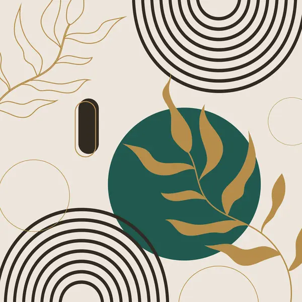 Modern kolaj altın yapraklar, yeşil daire ve siyah doğrusal daireler iç dekorasyon için açık gri bayrak üzerinde.