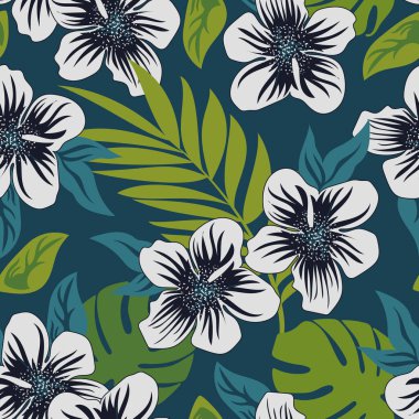 Koyu mavi arka planda tropikal yapraklı Hibiscus çiçekleri dikişsiz çiçek deseni oluşturur. Vektör