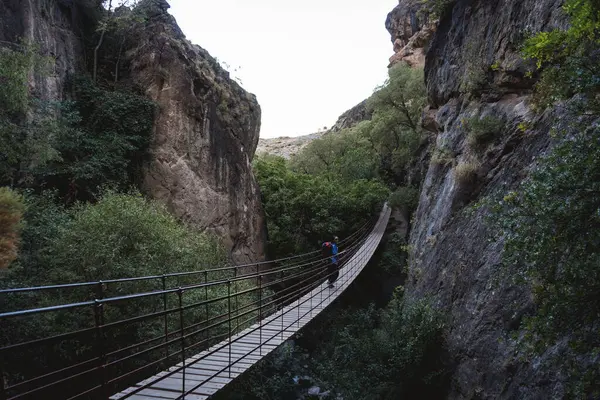 Dağlarda köprüden geçen bir kadın