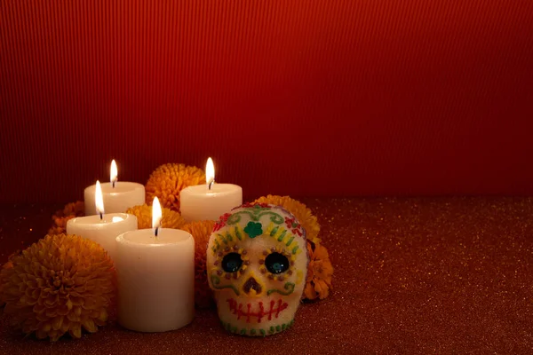 Dia Los Muertos Giorno Dei Morti Teschio Zucchero Con Candele — Foto Stock