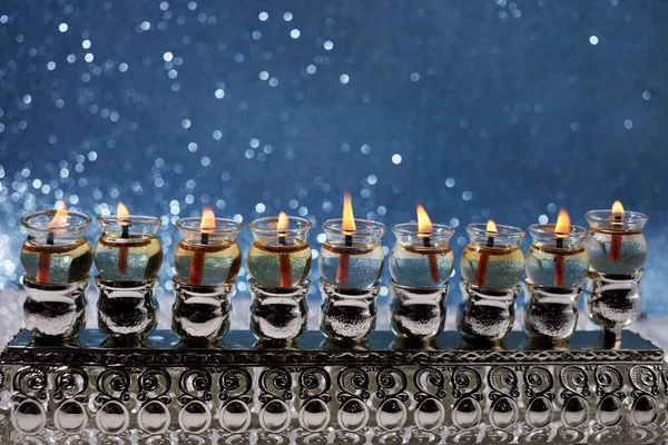 Jewish Holiday Hanukkah Background Menorah Traditional Candelabra Oil Candles — Stock Photo, Image