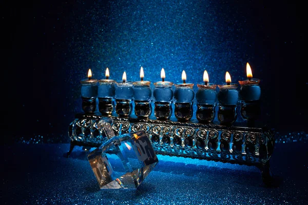 Jewish Holiday Hanukkah Background Menorah Dreidel Letters Gimel Nun — Stock Photo, Image