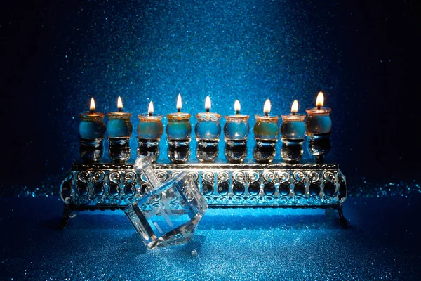 Єврейське Свято Ханука Тло Менорою Дрейдл Буквами Гімель Нун — стокове фото