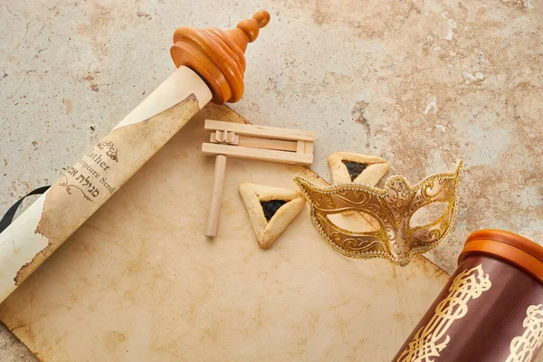 Scroll Esther Hamans Ears Cookies Purim Festival Objects — Stock Photo, Image