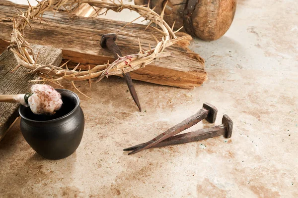 Crucifixion Jesus Christ Cross Three Nails Crown Thorns Ground — Stock Photo, Image