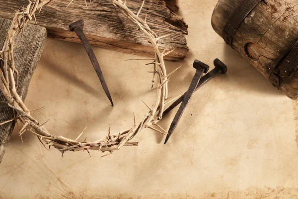 Jesus Crown Thorns and nails and cross on sand. Vintage Retro Style. Stock  Photo by ©vetre 252675602