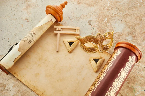 Scroll Esther Hamans Ears Cookies Purim Festival Objects — Stock Photo, Image