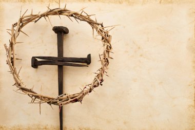 Jesus Crown Thorns and nail on Old and Grunge Background. Vintage Retro Style clipart