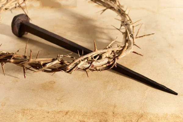 Jesus Crown Thorns Nail Old Grunge Background Dalam Bahasa Inggris — Stok Foto