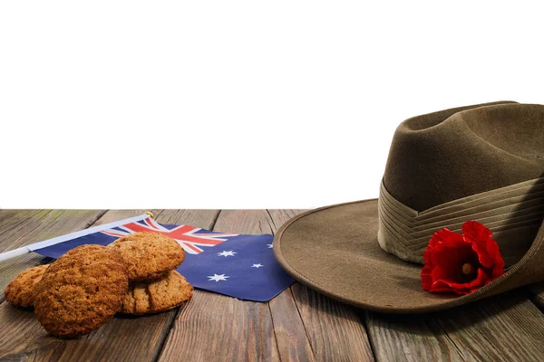 Australiska Anzac Dagen Australiska Armén Slouch Hatt Röd Vallmo Och — Stockfoto