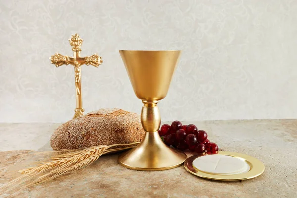 Easter Communion Still Life Chalice Wine Bread — Stock Photo, Image