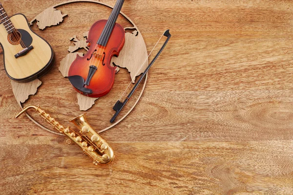 Happy world music day. Musical instruments with globe background