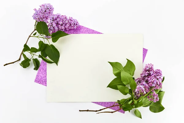 白い背景にライラックの花のフレームワーク トップビュー フラットレイアウト — ストック写真