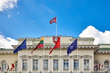 NATO ve Litvanya 'nın bayrakları Litvanya Cumhurbaşkanlığı' nda 2023 Nato zirvesinde dalgalanıyordu. Vilnius, Litvanya - Temmuz 09 2023