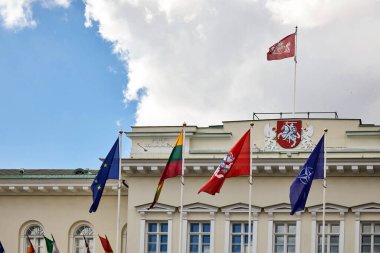 NATO ve Litvanya 'nın bayrakları Litvanya Cumhurbaşkanlığı' nda 2023 Nato zirvesinde dalgalanıyordu. Vilnius, Litvanya - Temmuz 09 2023
