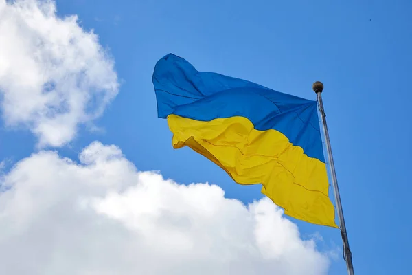 乌克兰国旗 国徽在蓝天飘扬 图库照片